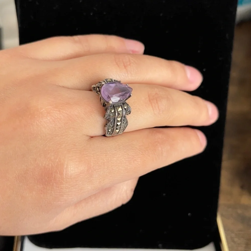 Judith Jack 925 Sterling Silver Amethyst & Marcasite Art Deco Size 6.5 Ring